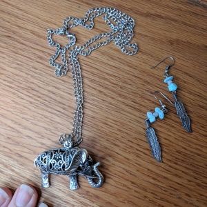 Elephant Necklace and Boho Earrings Bundle